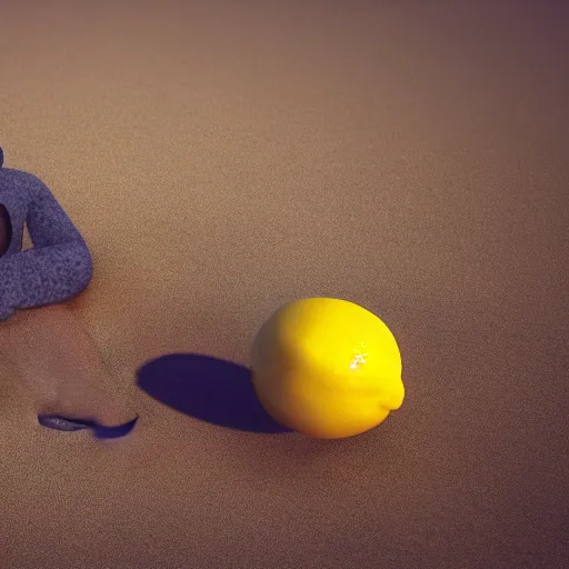 Image similar to a supercute lemon cartoon character, that is fit and good looking, it's is relaxing on a beach, inspired by dalle - 2, octane render, 3 d, volumetric lightening,