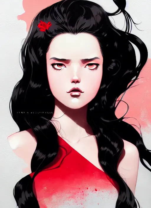 Image similar to highly detailed closeup portrait of beautiful, long black hair teen girl, wavy hair, red dress by atey ghailan, by greg rutkowski, by greg tocchini, by james gilleard, by joe fenton, by kaethe butcher, gradient pink, black and white color scheme, grunge aesthetic!!! ( ( graffiti tag wall background ) )