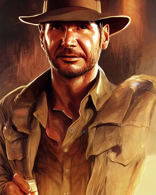 Prompt: harrison ford as indiana jones, portrait, fantasy art, in the style of artgerm, illustration, epic, fantasy, intricate, hyper detailed, artstation, concept art, smooth, sharp focus, ray tracing, vibrant, photorealistic, simon bisley