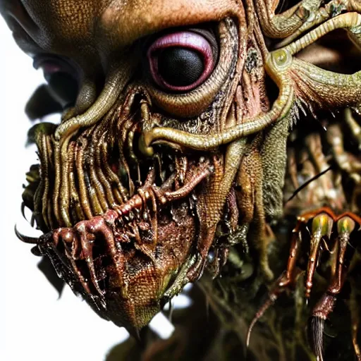 Image similar to photo taken of an epic intricate, ultra detailed, super realistic gritty, wet, slimy, lifelike sculpture of a nightmarish hellish humanoid faced insectoid creature created by weta workshop, menacing, some zoomed in shots, extremely photorealistic, sharp focus