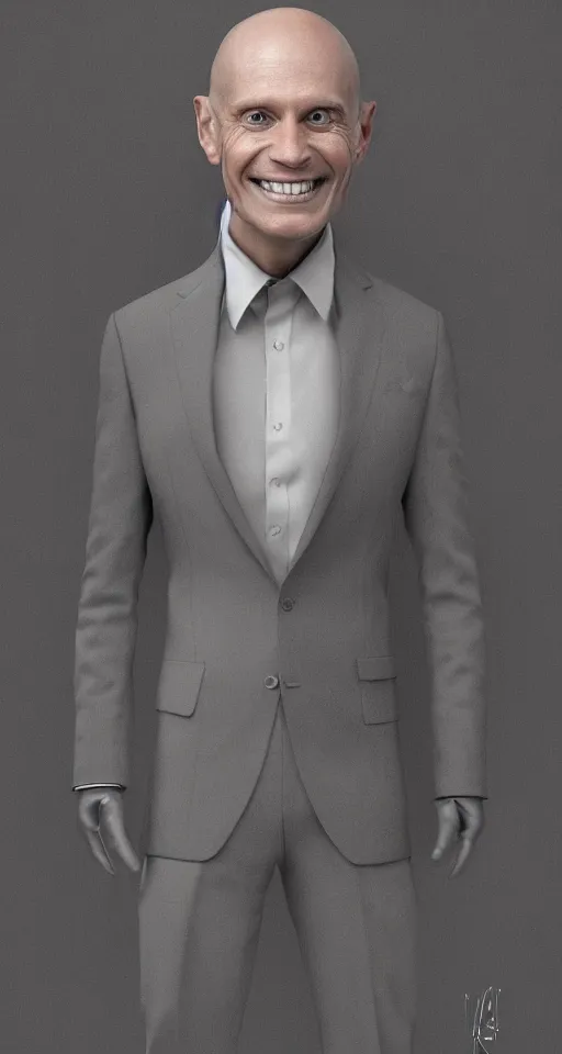 Prompt: a hyper realistic portrait of a handsome smiling male alien in a suit for advertisement, artstation
