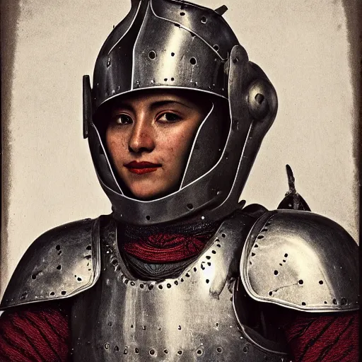 Prompt: head and shoulders portrait of a female knight, quechua!, plate armor, cuirass, tonalist, symbolist, realistic, ambrotype, baroque, detailed, modeled lighting, vignetting, indigo and venetian red, angular, smiling, eagle