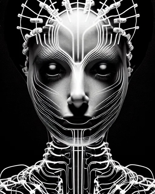 Image similar to black and white cyborg-plant goddess high quality photo, microchip, artificial intelligence, bio-mechanical bio-luminescence, black wired cables, neurons, nerve cells, octane render, cinematic, rim light, hyper realism, photo-realistic, high detail, 8k, masterpiece, high fashion, in the style of Steven Meisel and Dora Maar and H.G. Giger