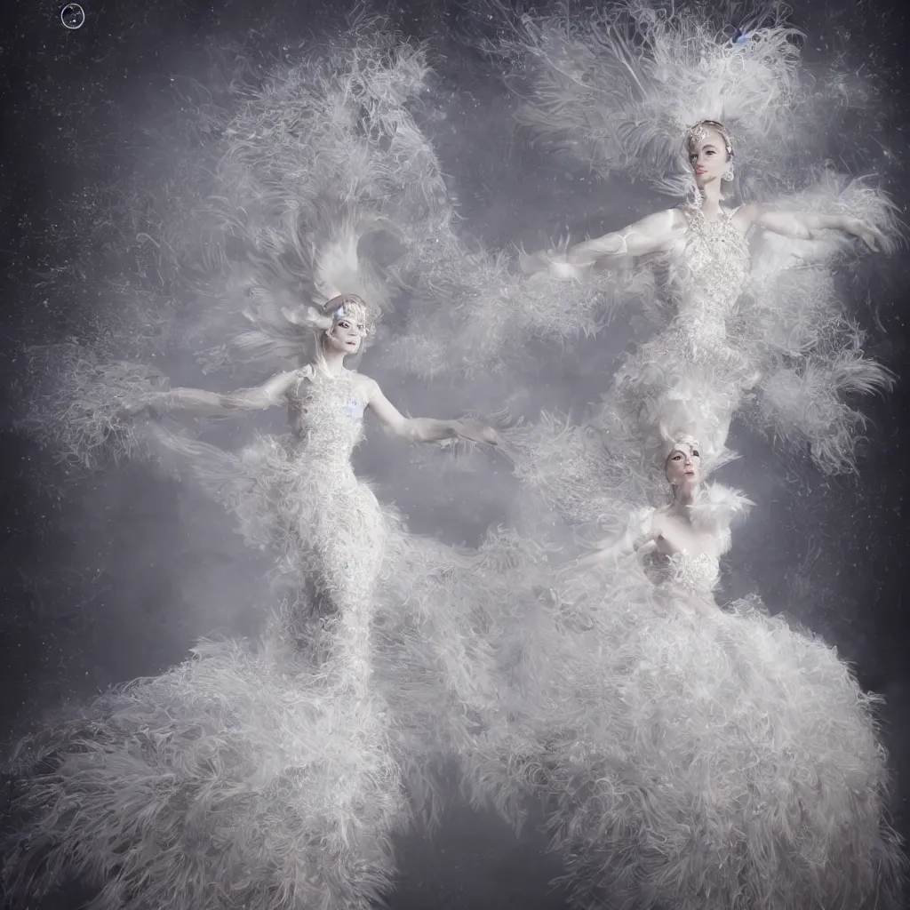 Image similar to a lady with a decorated dress made of white pearls and white plumes of swan highly detailed digital _ painting, cinematic, volumetric lighting, f 8 aperture, cinematic