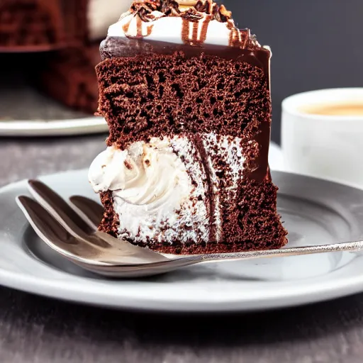 Prompt: ultra realistic catalog photo of a cup full of sweet goloso pasticceria chocolate ice cream cake with a coffee - praline twist cream bigne in with rich details in luxury cup and plates