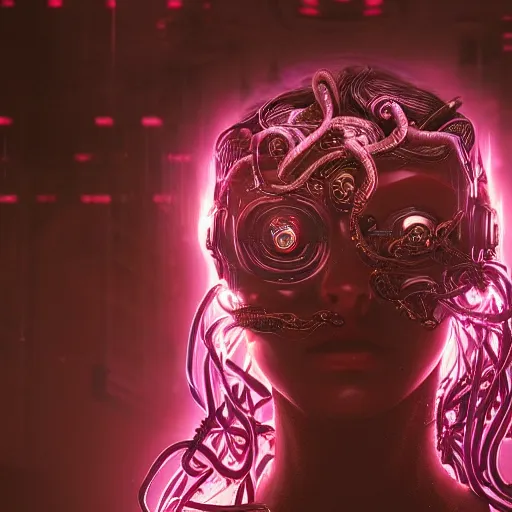 Image similar to Cyberpunk medusa, dark atmosphere, cinematic shot, intricate, ornate, photorealistic, ultra detailed, realistic, 35mm, photography, neon, octane, high definition, depth of field, bokeh, 8k, artstation