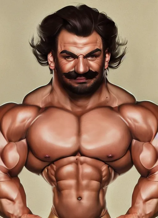 Prompt: photoshoot gigachad luigi bodybuilding by ilya kuvshinov, bodybuilder ernest khalimov, super mario bros symmetrical face concept art, hyper realistic, intricate, elegent, highly detailed, digital painting, concept art, smooth, sharp, focus, illustration, art by artgerm and greg rutkowski and alphonse mucha, artstation