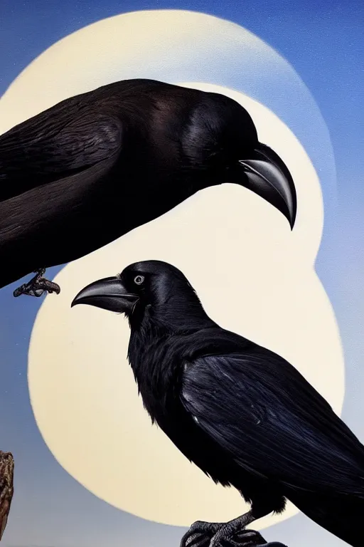 Image similar to close up portrait of a crow in front of the full big moon, oil on canvas, intricate, portrait, 8k highly professionally detailed, HDR, CGsociety