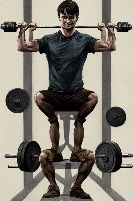 Image similar to highly detailed rendering of Daniel Radcliffe as Harry Potter doing barbell back squats, dingy workout gym, wearing a muscle tee shirt, muscular deep squats, symmetrical, highly detailed, digital painting, artstation, concept art, smooth, sharp focus, illustration, cinematic lighting, art by artgerm and greg rutkowski and alphonse mucha