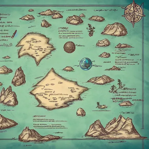 Image similar to imaginary map of an island, drawing of different elements in the lands, different realms, blueprint, infographic, on paper, natural colors, vintage, with notes, highly detailed, trending on artstation, fantasy art