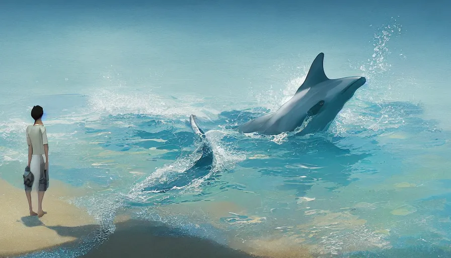 Image similar to craig mullins and ghibli digital illustration of, a dolphin in the blue dotted water, modern beach is covered with umbrellas, white waves ， yellow gravel coralsunreal engine, hyper realism, realistic shading, cinematic composition, realistic render, octane render, detailed textures, photorealistic, wide shot