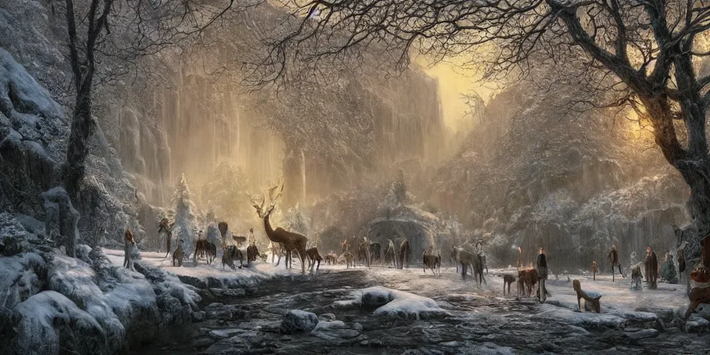 Image similar to Rivendell Christmas winter with deers, detailed matte painting, cinematic, Alan Lee, Artstation