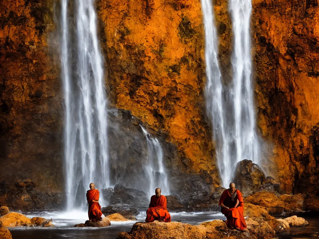 Image similar to dang ngo, annie leibovitz, steve mccurry, a simply breathtaking shot of mediating monk in orange, giantic waterfall, bright moonlight, golden ratio, wide shot, symmetrical