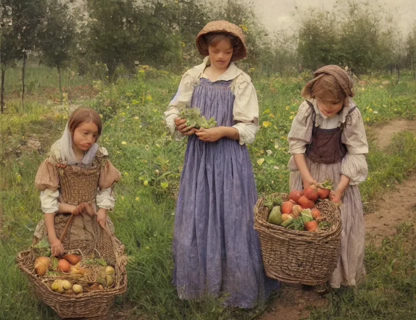 Image similar to 3 peasant girl picking vegetables from garden, cottage core, cinematic focus, polaroid photo bleached vintage pastel colors high - key lighting, soft lights, foggy, by steve hanks, by lisa yuskavage, by serov valentin, by tarkovsky, 8 k render, detailed, oil on canvas