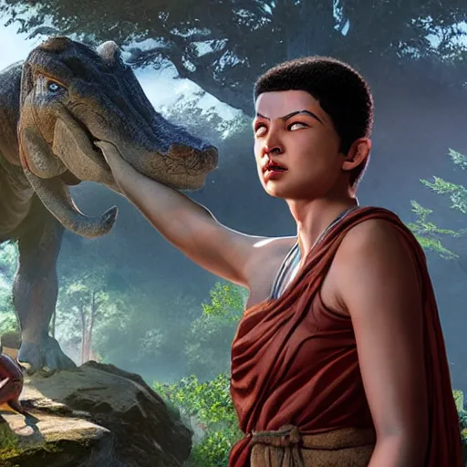 Prompt: a hyper real comic book style portait painting of buddha in the stone age with dinosaurs, unreal 5, hyperrealistic, octane render, cosplay, rpg portrait, dynamic lighting