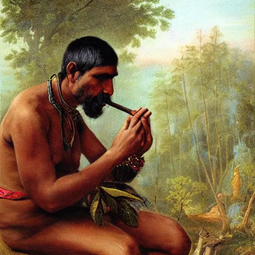 Prompt: a_beautiful_portrait_of_an_indigenous_man_sitting_in_the_jungle_surrounded_by_smoke_smoking_a_pipe_praying_with_tobacco_mysterious_atmosphere_-H_704_-i_-S_3067148098