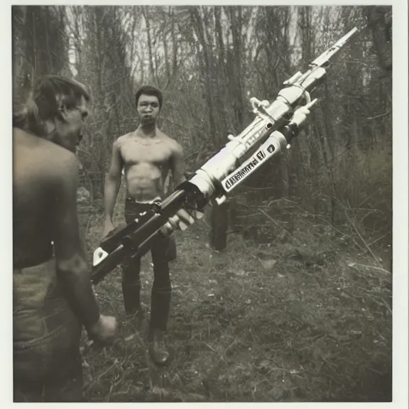 Prompt: polaroid of tribes men with space age weapons shots by Tarkovsky