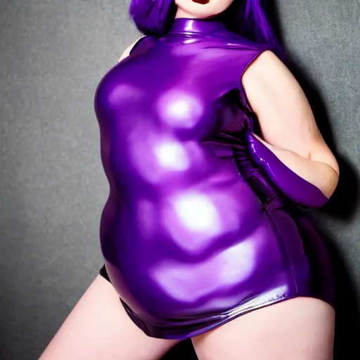 Image similar to curvy feminine goth young woman with dignified tight shiny latex dress, latex stockings, inviting posture, purple makeup, photorealistic, sublime, 16k, smooth, sharp focus, hyperdetailed, volumetric lighting