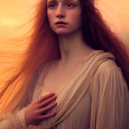 Image similar to photographic portrait of a stunningly beautiful renaissance emo female maiden in soft dreamy light at sunset, contemporary fashion shoot, by edward robert hughes, annie leibovitz and steve mccurry, david lazar, jimmy nelsson, breathtaking, 8 k resolution, extremely detailed, beautiful, establishing shot, artistic, hyperrealistic, beautiful face, octane render