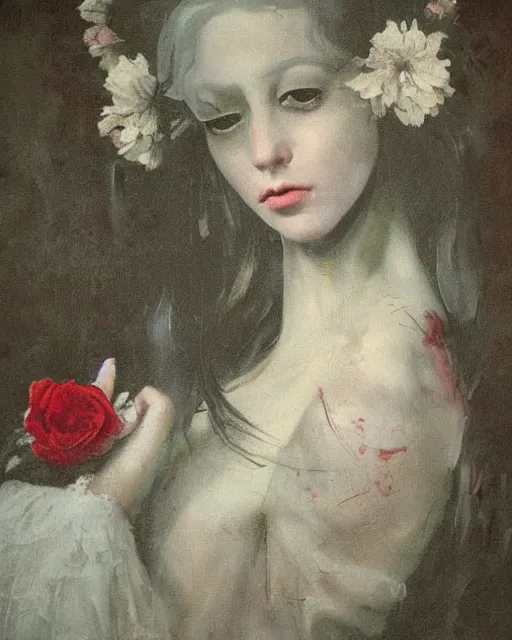 Image similar to a beautiful and eerie baroque painting of a beautiful but serious woman in layers of fear, in dead space, with haunted eyes and dark hair, 1 9 7 0 s, seventies, floral wallpaper, wilted flowers, a little blood, morning light showing injuries, delicate embellishments, painterly, offset printing technique, by robert henri, walter popp, alan lee