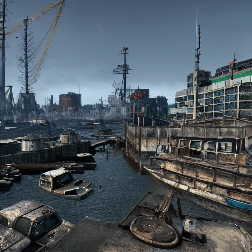 Image similar to rotterdam harbor in ruins post - nuclear war in fallout 4, in game screenshot