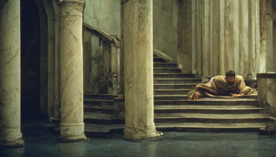 Prompt: movie still by tarkovsky of caligula stabbed to death by senators on huge stairs, cinestill 8 0 0 t 3 5 mm, high quality, heavy grain, high detail, dramatic light, ultra wide lens, anamorphic