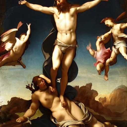 Prompt: Chris Pratt Ascending in holy light with an AR-15 fresco by Correggio in the style of Assumption of the Virgin, renaissance master, classical, extreme detail, fresco, artstation, deviantart
