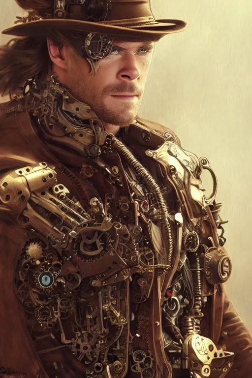 Image similar to chris hemsworth as a steampunk cyborg, portrait, western, steampunk, duster, fantasy, intricate, elegant, highly detailed, digital painting, artstation, concept art, sharp focus, illustration, art by artgerm and greg rutkowski and alphonse mucha