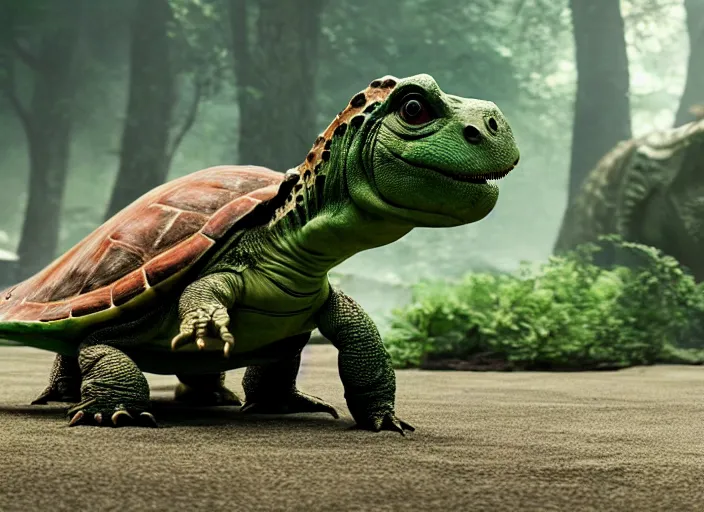 Image similar to film still of real life dinosaur turtle yoshi in the new sci - fi movie, 8 k