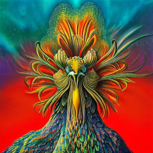 Prompt: psychedelic majestic rooster by alex grey, beksinski, lisa frank, giger, karol bak, greg hildebrandt, mark brooks, takato yamamoto