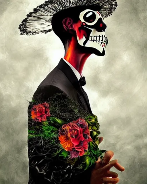 Image similar to dia de los muertos hombre theme surrealist art in the styles of igor morski, jim warren, and a tim burton film, intricate, hyperrealistic, accurate facial details, profile picture with chromakey!!!!! background, volumetric lighting