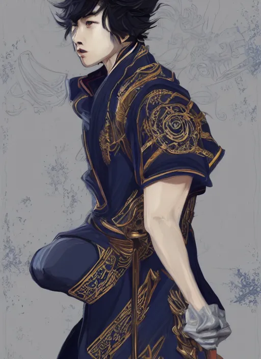 Image similar to a highly detailed illustration of short black haired young asian male wizard wearing ornate navy robe and mage hat, dramatic reading spell book pose, nonchalant expression, intricate, elegant, highly detailed, centered, digital painting, artstation, concept art, smooth, sharp focus, league of legends concept art, WLOP