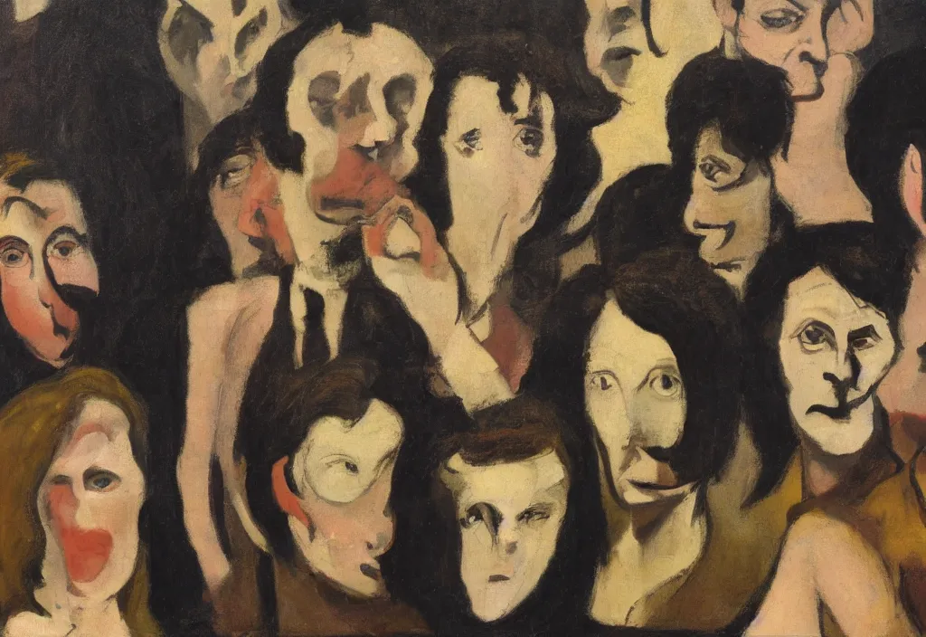 Prompt: group of people pictured in afternoon light, close - up of the faces, surrealist oil painting by francis bacon, dora maar and malcolm liepke, detailed