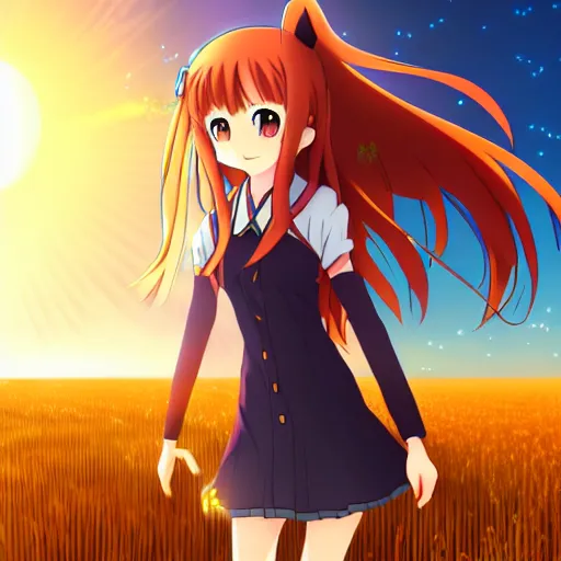 Prompt: anime key visual of Holo from Spice and Wolf standing in a wheat field at sunset, Holo is a wolf girl, high detail, trending on pixiv