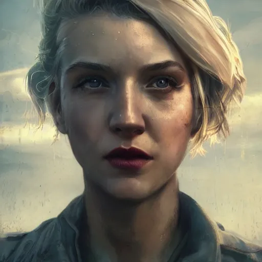 Image similar to fallout 5, charismatic beautiful rugged blonde female protagonist, portrait, outdoors ruined cityscape, atmospheric lighting, painted, intricate, volumetric lighting, beautiful, daytime, slight overcast weather, sharp focus, deep colours, ultra detailed, by leesha hannigan, ross tran, thierry doizon, kai carpenter, ignacio fernandez rios