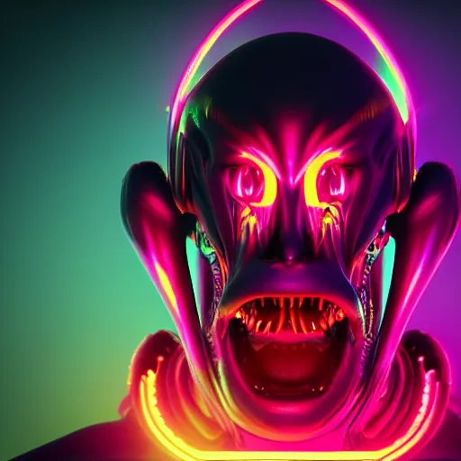 Image similar to synthwave demonic alien face with neon horns, detailed face, sharp focus, synthwave art, aesthetic, octane render, raw, cinematic