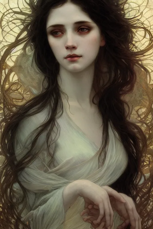 Image similar to goddess of moon, long dark hair, sad eyes, pale skin, elegant, fantasy, intricate, highly detailed, digital painting, artstation, concept art, smooth, sharp focus, art by art by Artem Demura and Alphonse Mucha, ArtGerm, valentina remenar, ruan jia