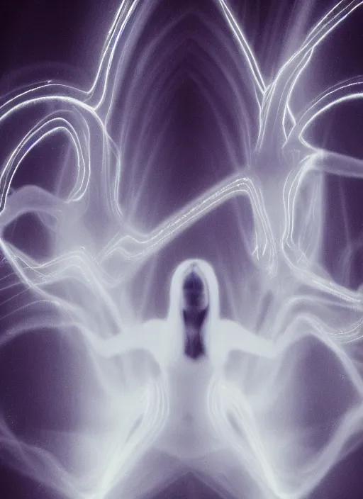 Image similar to a symmetrical female ascending astral projection, liquid glowing aura, motion blur, long exposure, film grain, cinematic lighting, experimental film, shot on 1 6 mm