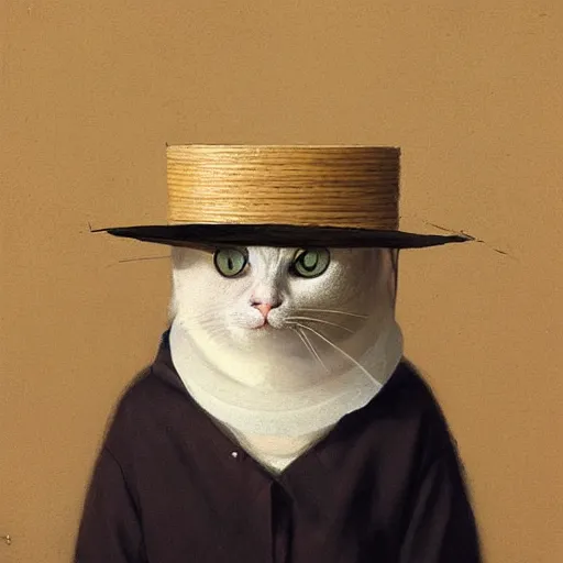A portrait of a cat wearing a small vietnamese straw, Stable Diffusion