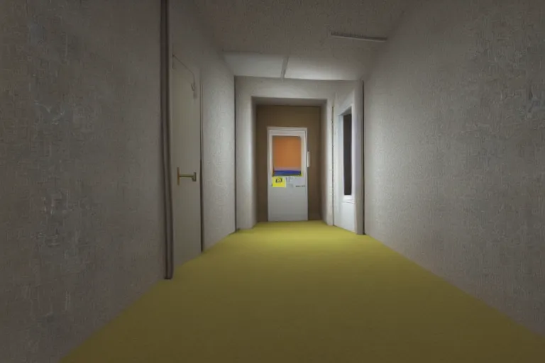 Image similar to 3 d render of jerma 9 8 5, jerma in endless halls of office space with worn light mono - yellow 7 0 s wallpaper, old moist carpet, and inconsistently - placed fluorescent lighting | liminal space | non - euclidean space | high octane | blender | 3 d render