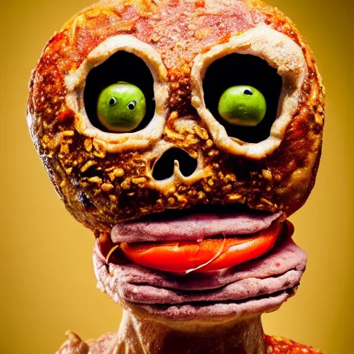 Image similar to a humanoid bipedal upright zombie that strongly resembles a hamburger, professional food photography