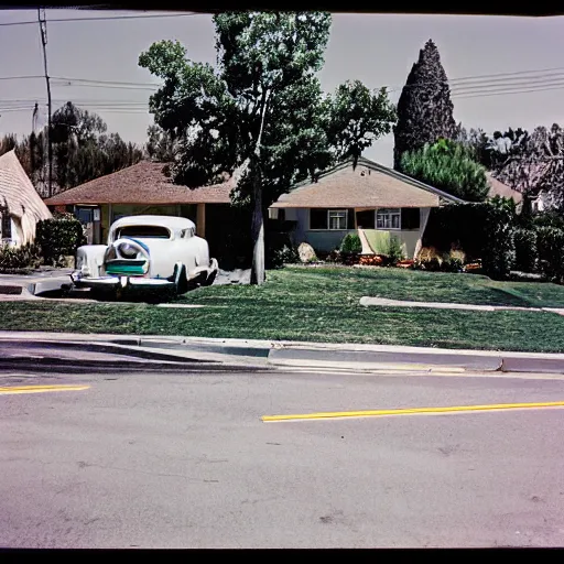 Prompt: photo of suburban street in California 1950, Kodak Ultra F9, 35mm