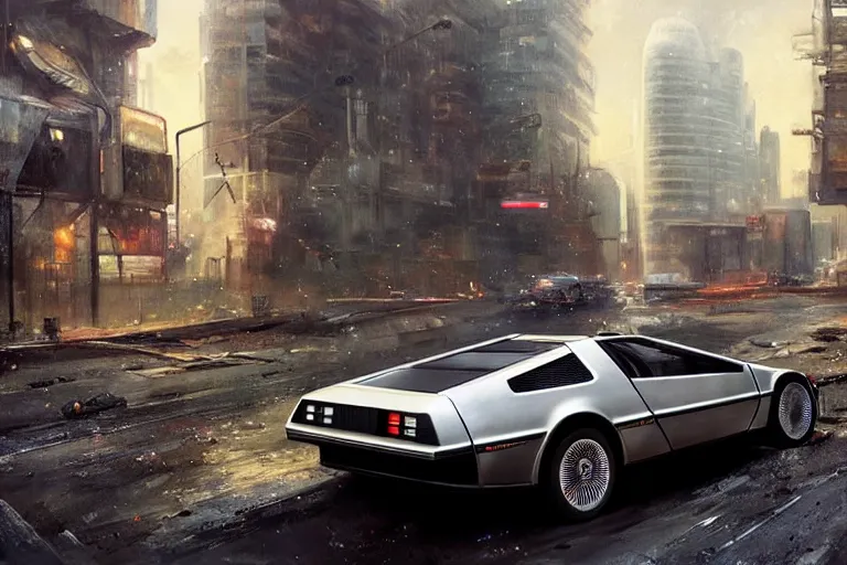 Image similar to photograph of the delorean, with a sleek spoiler, driving down the streets of a cyberpunk abandoned city, by greg rutkowski, by stanley artgerm, by alphonse mucha