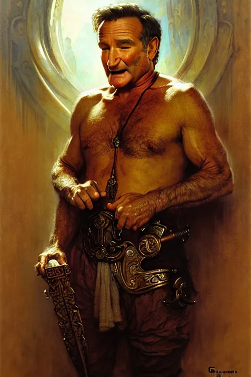 Image similar to robin williams the philosopher by gaston bussiere, bayard wu, greg rutkowski, giger, maxim verehin