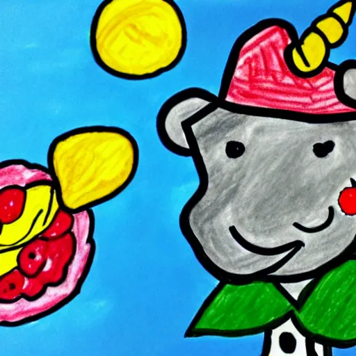 Prompt: kindergartener's drawing of a unicorn holding a raspberry in a hat, very colorful, light blue background