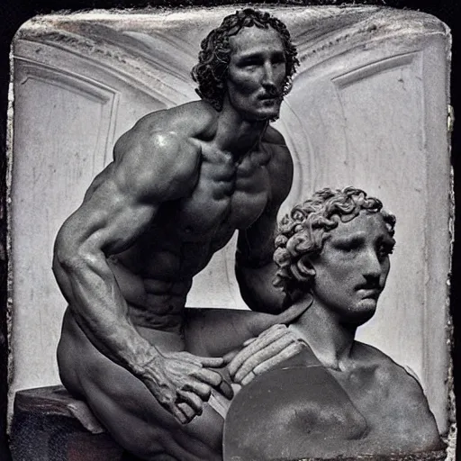 Image similar to “1800s era photograph of Michelangelo sculpting Matthew McConaughey as David, hyperrealistic, hd, faded, cracked, stained”