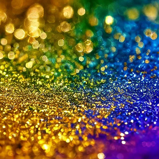 Image similar to a wet swirling mixture of gold paint and very colorful colored pigment particles glitter suspended in a turbulent liquid, captured in slow motion, crystal clear focus, macro photography lens closeup, slow-motion pour, dumpedpaint glittery, shimmering, speculars