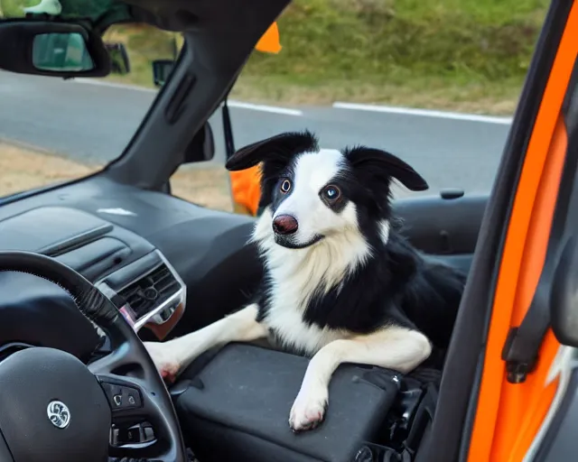 Image similar to border collie dog in the driver's seat of an orange nissan note, rally driving photo, award winning photo, golden hour, perfect composition