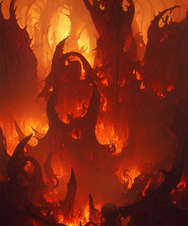 Image similar to Purgatory, fire in hell. A crowd of sinful people is burning in hell in hellfire. The gateway to the infernal underworld. Devils demons and ghouls torment sinful people, highly detailed, digital painting, artstation, concept art, smooth, sharp focus, illustration, art by artgerm and greg rutkowski and alphonse mucha