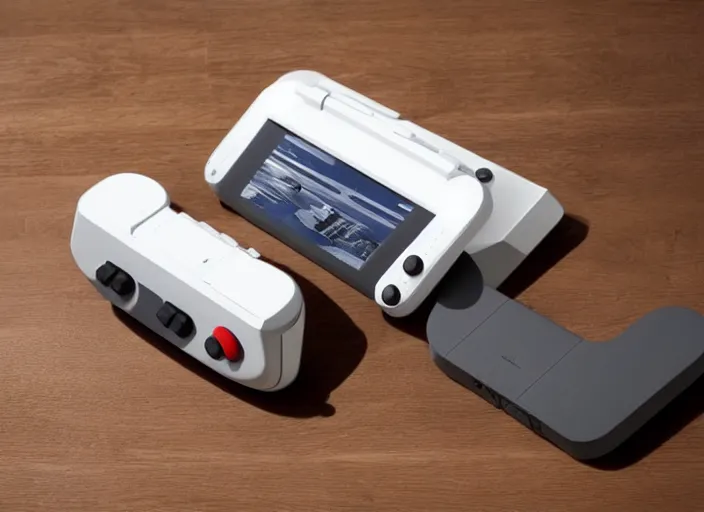 Prompt: retro futurist design of a new handheld console by nintendo, white, aluminium, wood
